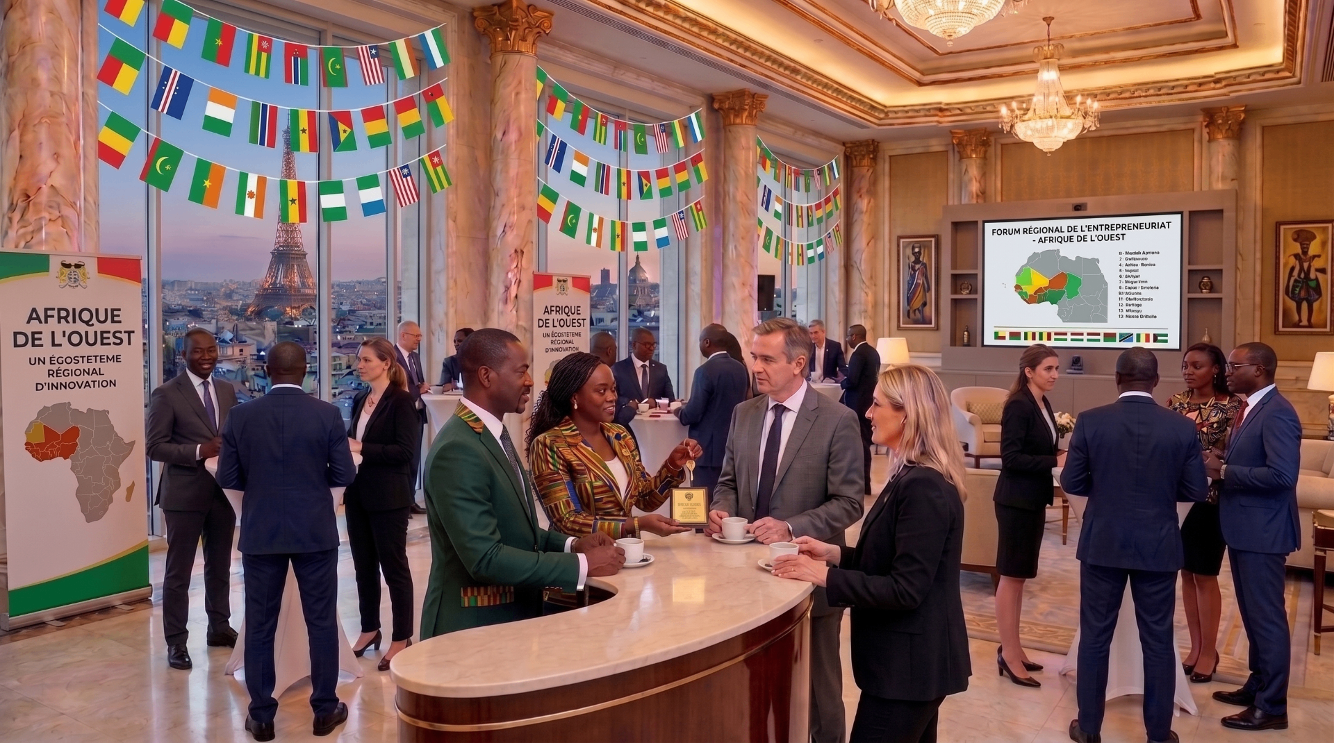 Délégation africaine en rencontre B2B à Paris avec vue sur la Tour Eiffel